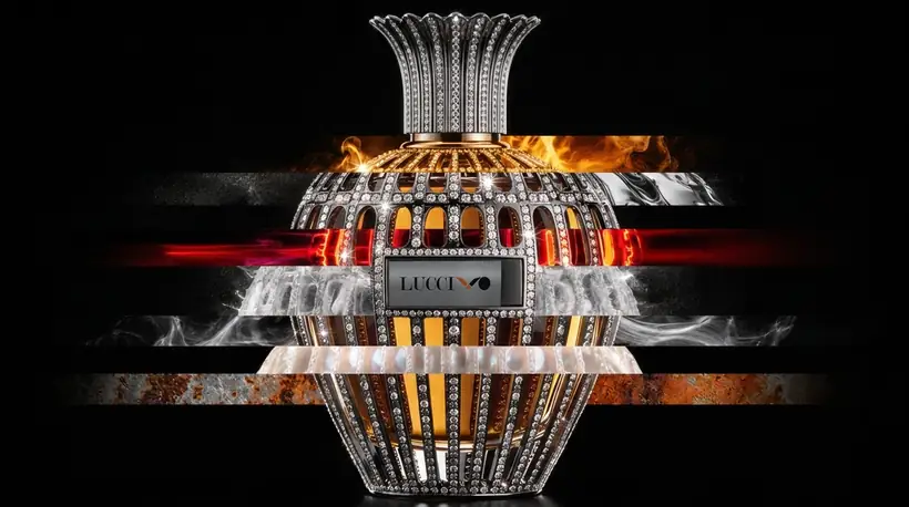 A crystal-studded cage flacon holding amber liquid, crossed by horizontal strips of flame, chrome, red light, smoke and rust against black.