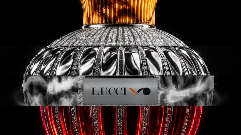 Close-up of the flacon's shoulder: a gold fluted neck, crystal-set chrome ribs, a band of smoke across a black label and red-lit glass below.